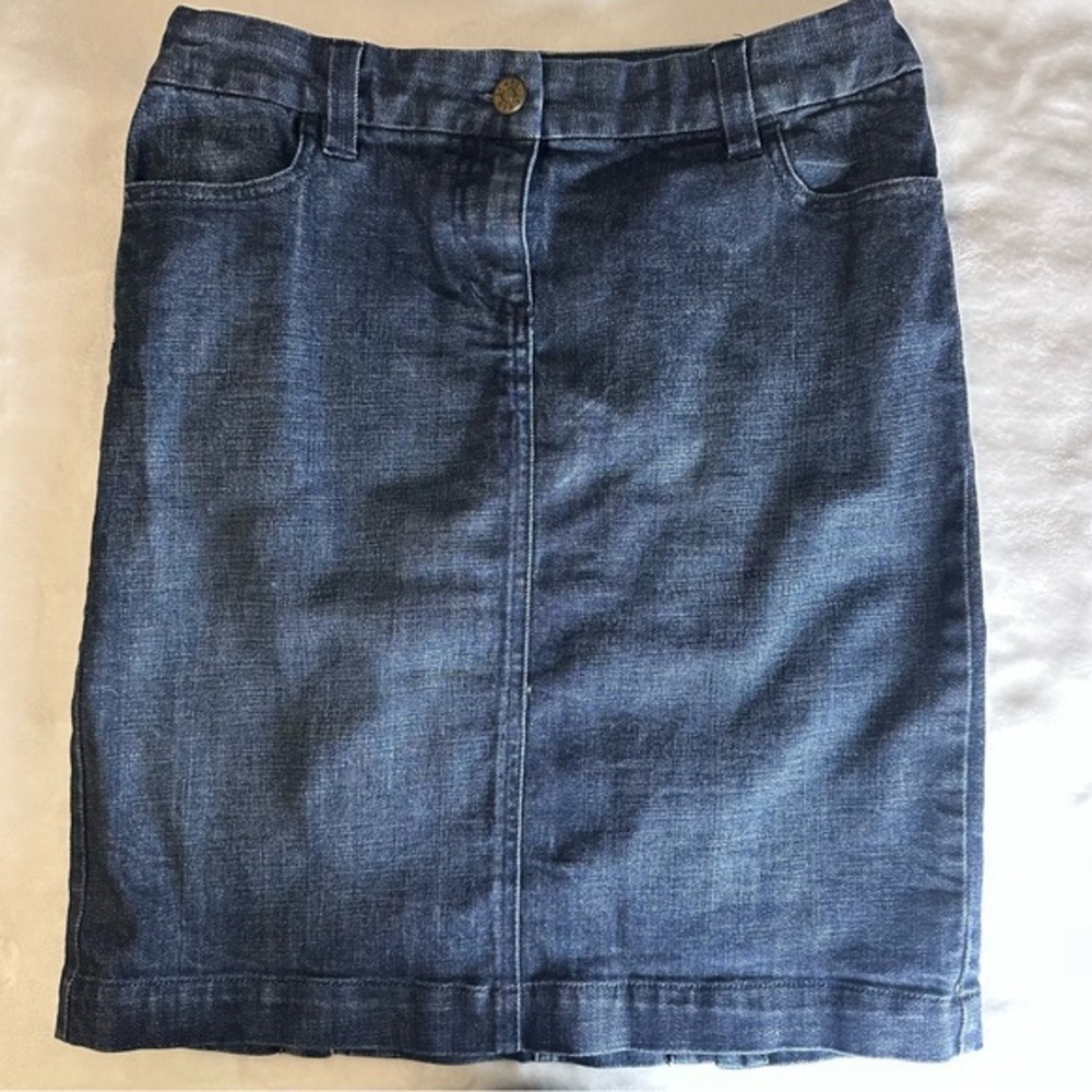 J Crew 4 Blue Jean Denim Pencil Skirt 94850 Back Slits Dark Wash